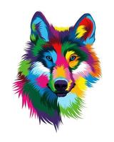ritratto astratto della testa di lupo, sorriso di lupo, lupo furioso da vernici multicolori. disegno colorato. illustrazione vettoriale di vernici