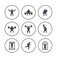 palestra, esercizi di fitness icone in cerchi su bianco, allenamento, allenamento, bodybuilding, sollevamento pesi, illustrazione vettoriale