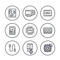 icone della linea dei componenti del computer in cerchi su bianco, processore, scheda madre, ram, scheda video, hdd, ssd, dispositivo di raffreddamento vettore