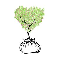 giovane albero in fiore, elemento in stile doodle disegnato a mano. piantare. albero con una corona a forma di cuore. piantare alberi giovani. lavorare in giardino. semplice stile vettoriale lineare per loghi, icone ed emblemi.
