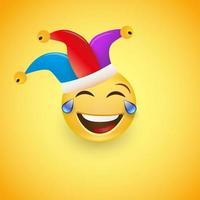 faccia con lacrime di gioia emoticon in un cappello da clown. ridendo fino alle lacrime. felice aprile, 1. illustrazione vettoriale. vettore