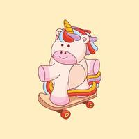 unicorno carino che gioca a skateboard icona del fumetto illustrazione vettore