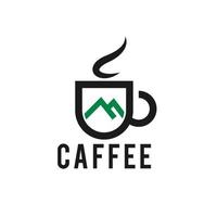 logo design tazza di caffè caldo. sfondo delle montagne nell'illustrazione vettoriale morning.icon.symbol