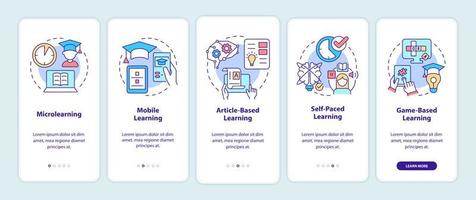 metodi di elearning per l'onboarding dello schermo dell'app mobile. istruzione digitale procedura dettagliata 5 passaggi pagine di istruzioni grafiche con concetti lineari. ui, ux, modello gui. sono stati utilizzati una miriade di caratteri normali in grassetto vettore