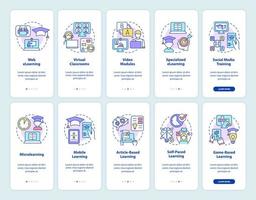 set di schermate dell'app mobile per l'onboarding dell'apprendimento elettronico. tipi di elearning procedura dettagliata 5 passaggi pagine di istruzioni grafiche con concetti lineari. ui, ux, modello gui. sono stati utilizzati una miriade di caratteri normali in grassetto vettore