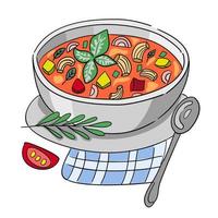 illustrazione del minestrone. vettore di zuppa italiana, tovagliolo e cucchiaio