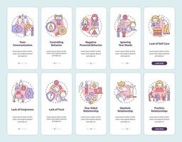 schermata della pagina dell'app mobile di onboarding della relazione tossica. partner abusivo ed egoista procedura dettagliata 5 passaggi istruzioni grafiche con concetti. modello vettoriale ui, ux, gui con illustrazioni a colori lineari