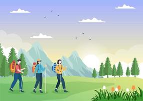 tour avventuroso sul tema dell'arrampicata, del trekking, dell'escursionismo, delle passeggiate o delle vacanze con vista sulla foresta e sulle montagne nell'illustrazione del poster di sfondo piatto della natura vettore