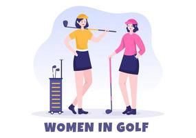 giocare a golf con bandiere, terreno sabbioso, bunker di sabbia e attrezzature su piante verdi da cortile all'aperto nell'illustrazione piana del fondo del fumetto vettore