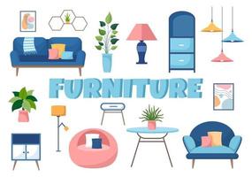 illustrazione di design piatto di mobili per la casa per il soggiorno per essere confortevole come un divano, una scrivania, un armadio, luci, piante e arazzi vettore