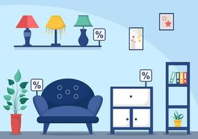 illustrazione di design piatto del negozio di mobili per la casa affinché il soggiorno sia comodo come un divano, una scrivania, un armadio, luci, piante e arazzi