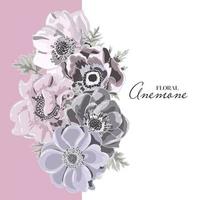 carta floreale disegno vettoriale giardino fiore lavanda rosa grigio anemone con foglie foresta bouquet stampa. matrimonio rustico invito elegante invito su sfondo lilla e bianco.