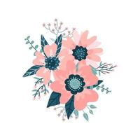 bella composizione floreale a colori con fiori e foglie in fiore, bacche, rami su sfondo bianco. modello di illustrazione vettoriale piatto disegno floreale per carta, banner di vendita