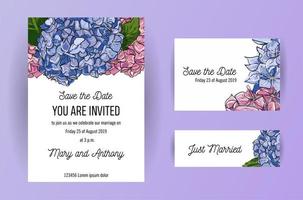 set di biglietti d'invito a nozze con ortensia fiori blu e rosa. modello di carta a5 su sfondo bianco con illustrazione botanica floreale disegnata a mano. bellissimo esempio di vettore di nozze.