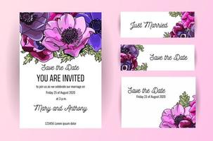 insieme della carta dell'invito di nozze con l'illustrazione disegnata a mano dei fiori dell'anemone. a5 modello di progettazione invito a nozze su sfondo rosa. vettore