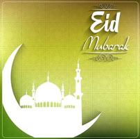 eid mubarak con moschea sopra la luna crescente su sfondo verde vettore