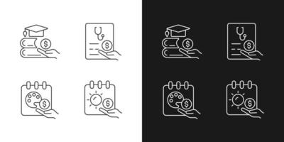 vantaggi per il benessere sul posto di lavoro icone lineari impostate per la modalità scuro e chiaro. rimborso tasse. assenza per periodo sabbatico. simboli di linee sottili personalizzabili. illustrazioni di contorno vettoriale isolate. tratto modificabile