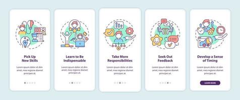 schermata della pagina dell'app mobile onboarding del processo di avanzamento di carriera. procedura dettagliata di successo 5 passaggi istruzioni grafiche con concetti. modello vettoriale ui, ux, gui con illustrazioni a colori lineari