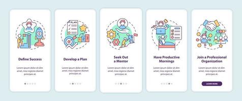 fasi dell'avanzamento di carriera per l'onboarding della schermata della pagina dell'app mobile. procedura dettagliata di successo 5 passaggi istruzioni grafiche con concetti. modello vettoriale ui, ux, gui con illustrazioni a colori lineari