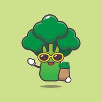 simpatico personaggio dei cartoni animati di broccoli in occhiali da sole con borsa della spesa vettore