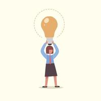 business concept design donna d'affari creativa sollevamento grande lampadina sopra la testa. metafora di nuove idee imprenditoriali, imprenditorialità. creatività, intuizioni, ispirazione. illustrazione vettoriale cartone animato piatto
