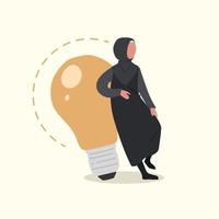 concetto di business piatto donna d'affari araba intelligente appoggiata su una grande lampadina. gli uomini d'affari hanno idee appoggiate al simbolo della lampada è una buona idea. innovazione e ispirazione. illustrazione vettoriale di progettazione