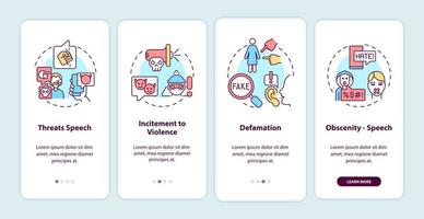 tipi di voce non protetti durante l'onboarding della schermata della pagina dell'app mobile. diffamazione e minacce procedura dettagliata 4 passaggi istruzioni grafiche con concetti. modello vettoriale ui, ux, gui con illustrazioni a colori lineari