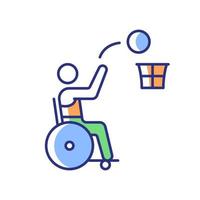 icona colore rgb basket in sedia a rotelle. sport con la palla competitivo. gioco di basket adattivo. sportivo in sedia a rotelle. atleti disabili. illustrazione vettoriale isolata. semplice disegno a tratteggio pieno
