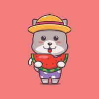 il simpatico personaggio della mascotte dei cartoni animati del gatto mangia l'anguria fresca vettore