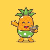 simpatico personaggio mascotte cartone animato ananas bere cocco sulla spiaggia vettore