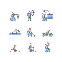 set di icone a colori RGB per atleti con disabilità. giochi sportivi con attrezzatura. tornei adattivi. persone con disabilità. illustrazioni vettoriali isolate. semplice raccolta di disegni al tratto riempiti