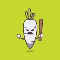 simpatico personaggio della mascotte del fumetto del ravanello bianco arrabbiato che tiene il bastone da baseball vettore