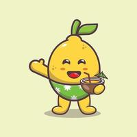 simpatico personaggio mascotte dei cartoni animati di limone bere cocco sulla spiaggia vettore