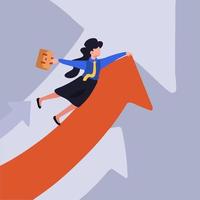 concetto di business design donna di affari che tiene il simbolo della freccia. manager femminile che vola sulla freccia di crescita verso l'alto. sviluppo del business, strategia di successo, innovazione. illustrazione vettoriale stile cartone animato piatto