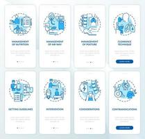 set di schermate della pagina dell'app mobile di onboarding blu per il recupero delle malattie polmonari. procedura dettagliata di riabilitazione 4 passaggi istruzioni grafiche con concetti. modello vettoriale ui, ux, gui con illustrazioni a colori lineari