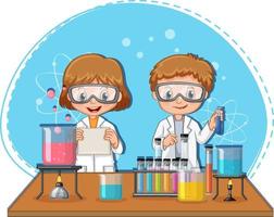 personaggio dei cartoni animati dei bambini dello scienziato con le attrezzature di laboratorio