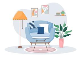 illustrazione di design piatto di mobili per la casa per il soggiorno per essere confortevole come un divano, una scrivania, un armadio, luci, piante e arazzi vettore