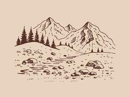 paesaggio con montagne e foreste. illustrazione disegnata a mano convertita in vettore. vettore