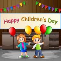 concetto di giorno dei bambini felice con i bambini che tengono i palloncini vettore