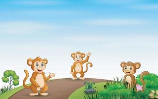 scena di sfondo con tre scimmie sulla strada vettore