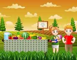 famiglia felice con frutta fresca all'illustrazione del giardino vettore