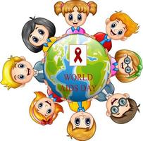 concetto di giornata mondiale contro l'aids con bambini felici che tengono intorno a un globo vettore