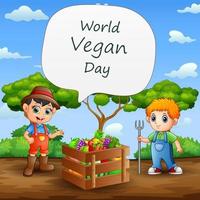 giornata mondiale dei vegani con felice contadino e frutta fresca vettore