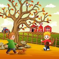 illustrazione di bambini che giocano nella fattoria vettore
