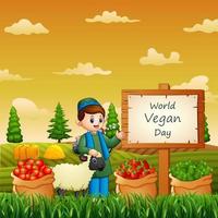 felice giornata mondiale vegana con verdure e contadino in giardino vettore
