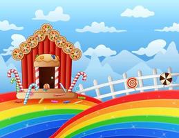 illustrazione della dolce casa di caramelle su un paesaggio arcobaleno vettore