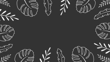 ornamento del telaio da sfondo di foglie tropicali. piante della giungla bianca attorno ai bordi con uno spazio bianco al centro. banner di doodle astratto estivo con decorazioni vettoriali botaniche