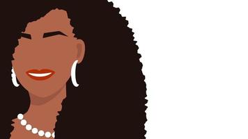 bella donna afroamericana di profilo con banner di acconciatura lussureggiante. bellezza con capelli neri lussuosi con collana di perle. donna sorridente alla moda in stile vettoriale moderno.