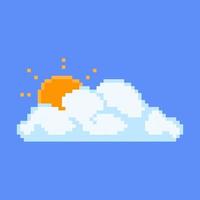 fragorosa nuvola di pixel con il sole che fa capolino. grande ammasso in uscita e luminare arancione che emerge da dietro di esso. tempo nuvoloso con sole vettoriale periodico