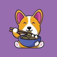 simpatico cane corgi mangia ramen noodle cartone animato icona vettore illustrazione. concetto di icona di cibo per animali isolato vettore premium. stile cartone animato piatto